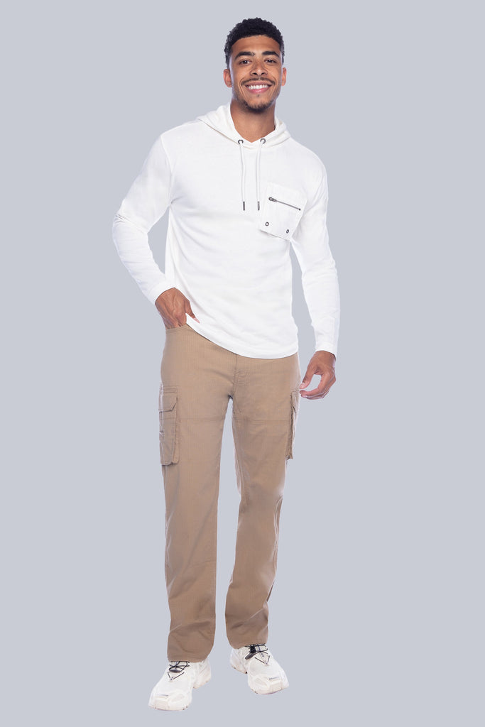 BH-2375 - HOODED LONG SLEEVE WITH CONTRAST RIPSTOP POCKET - OFF-WHITE BAUHAUS