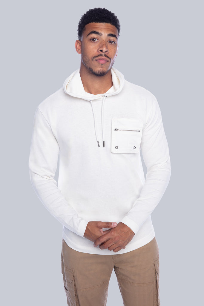 BH-2375 - HOODED LONG SLEEVE WITH CONTRAST RIPSTOP POCKET - OFF-WHITE BAUHAUS