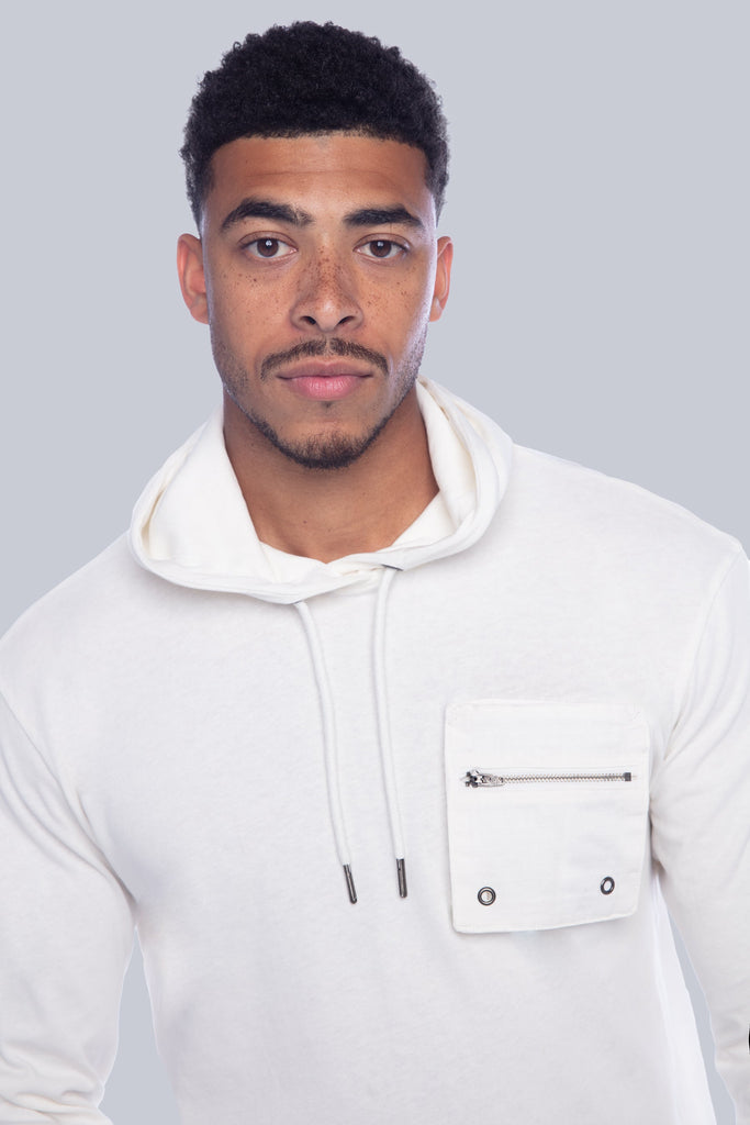 BH-2375 - HOODED LONG SLEEVE WITH CONTRAST RIPSTOP POCKET - OFF-WHITE BAUHAUS