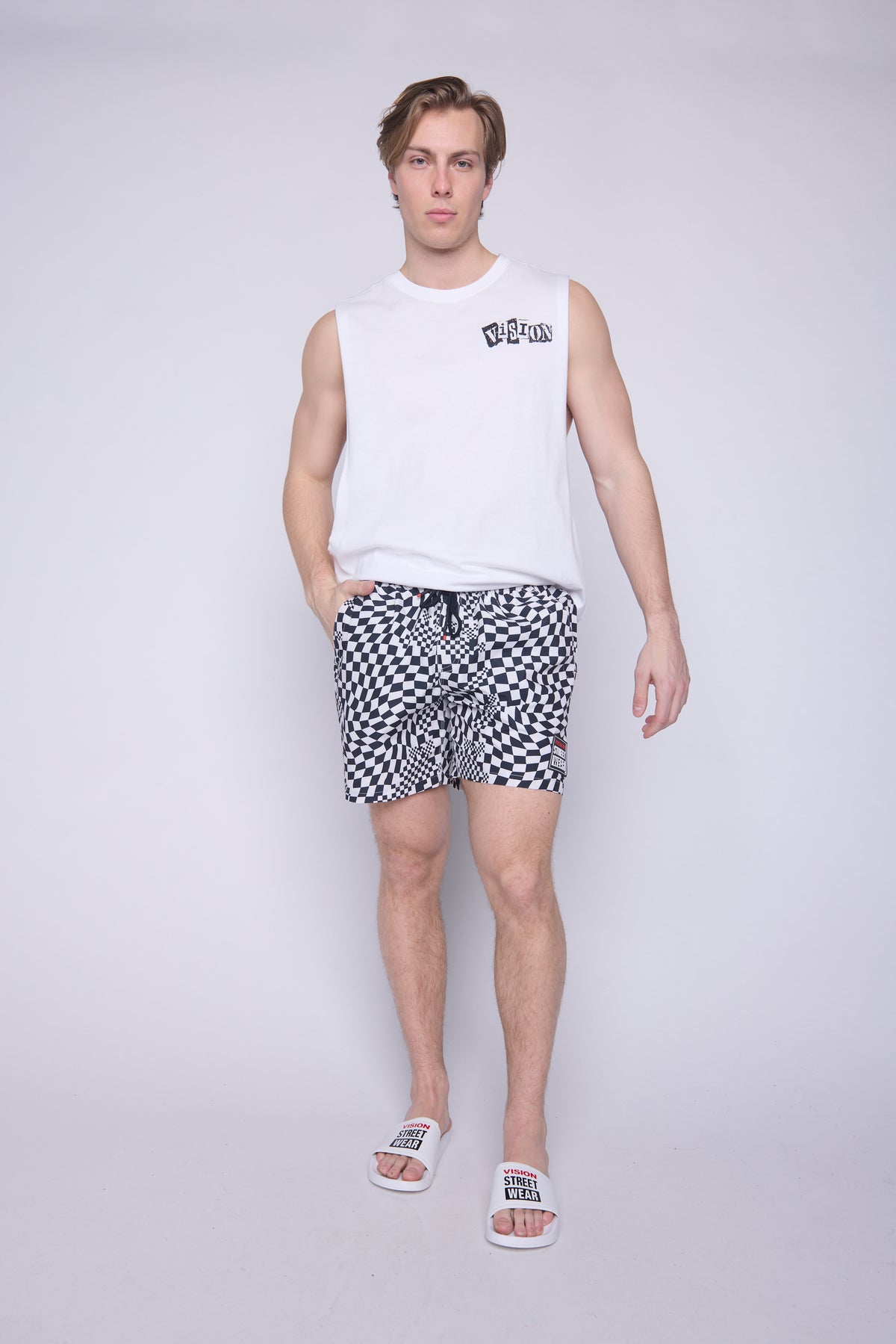 AOP Spiral Checker Swim Shorts - Ivory