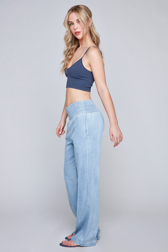 SHANI - High Rise Lightweight Pull-On Wide Leg Pant - Light Blue Bleach Lyocell Denim FOXY JEANS