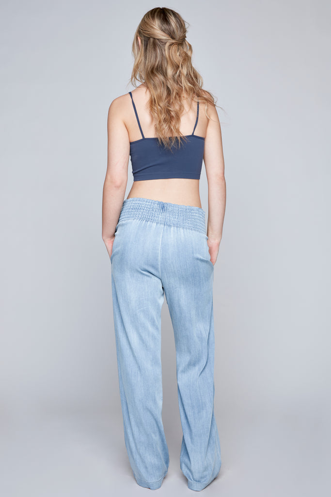 SHANI - High Rise Lightweight Pull-On Wide Leg Pant - Light Blue Bleach Lyocell Denim FOXY JEANS