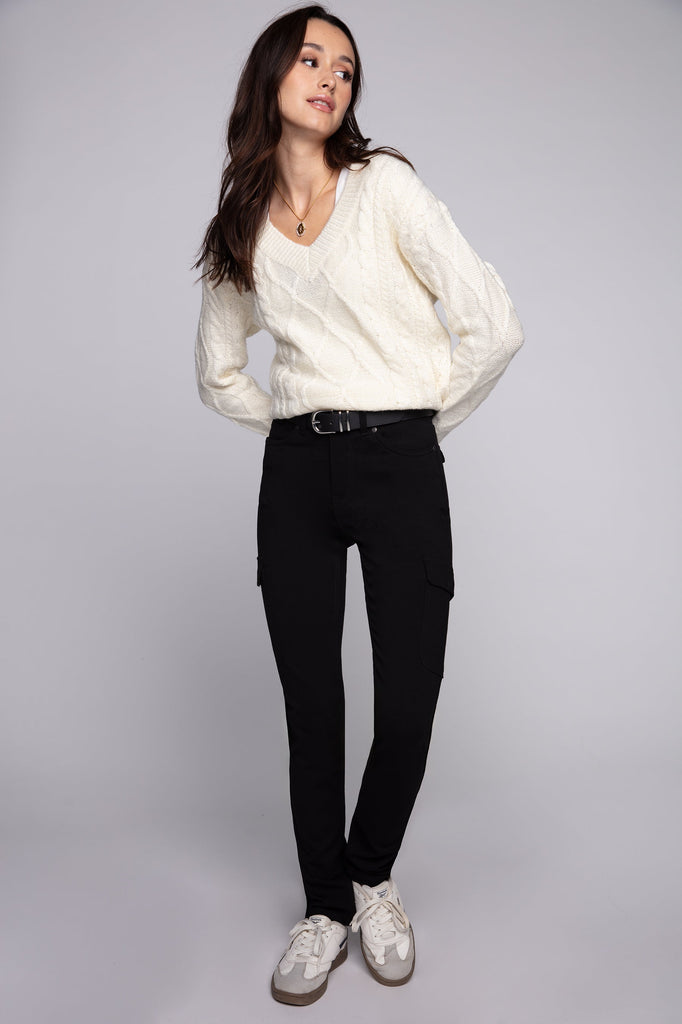 TARA - Ladies Knit Cargo Ponte Knit Jogger - Black FOXY JEANS