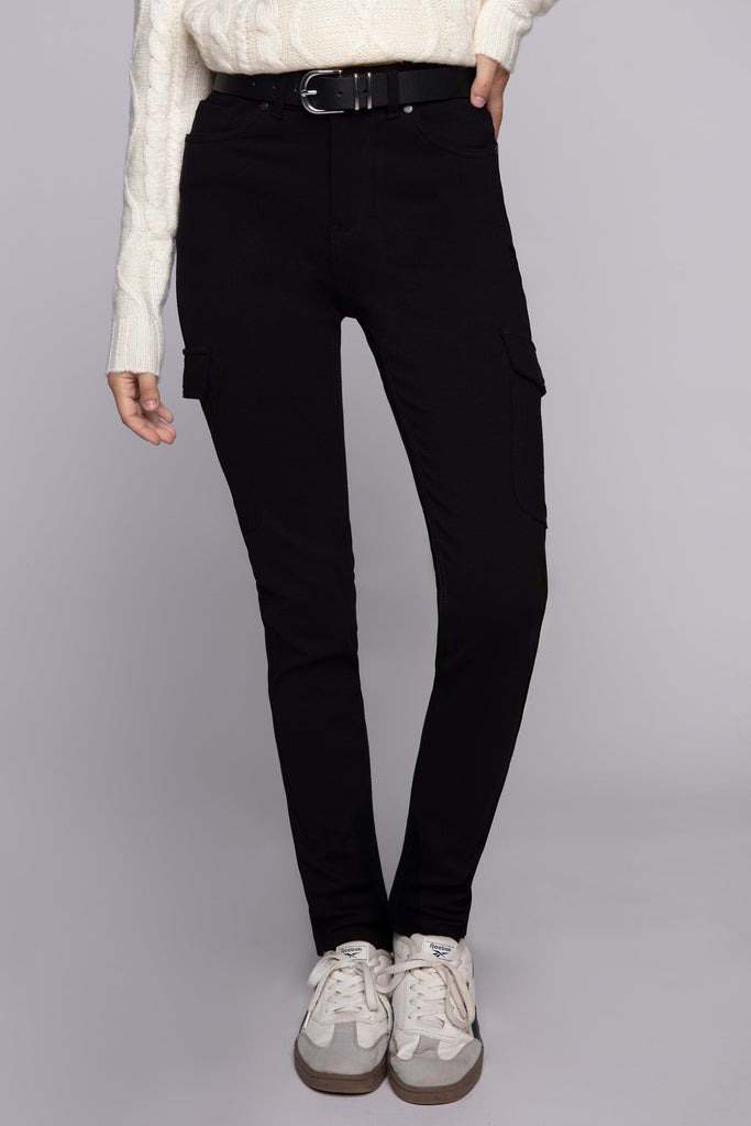 TARA - Ladies Knit Cargo Ponte Knit Jogger - Black FOXY JEANS