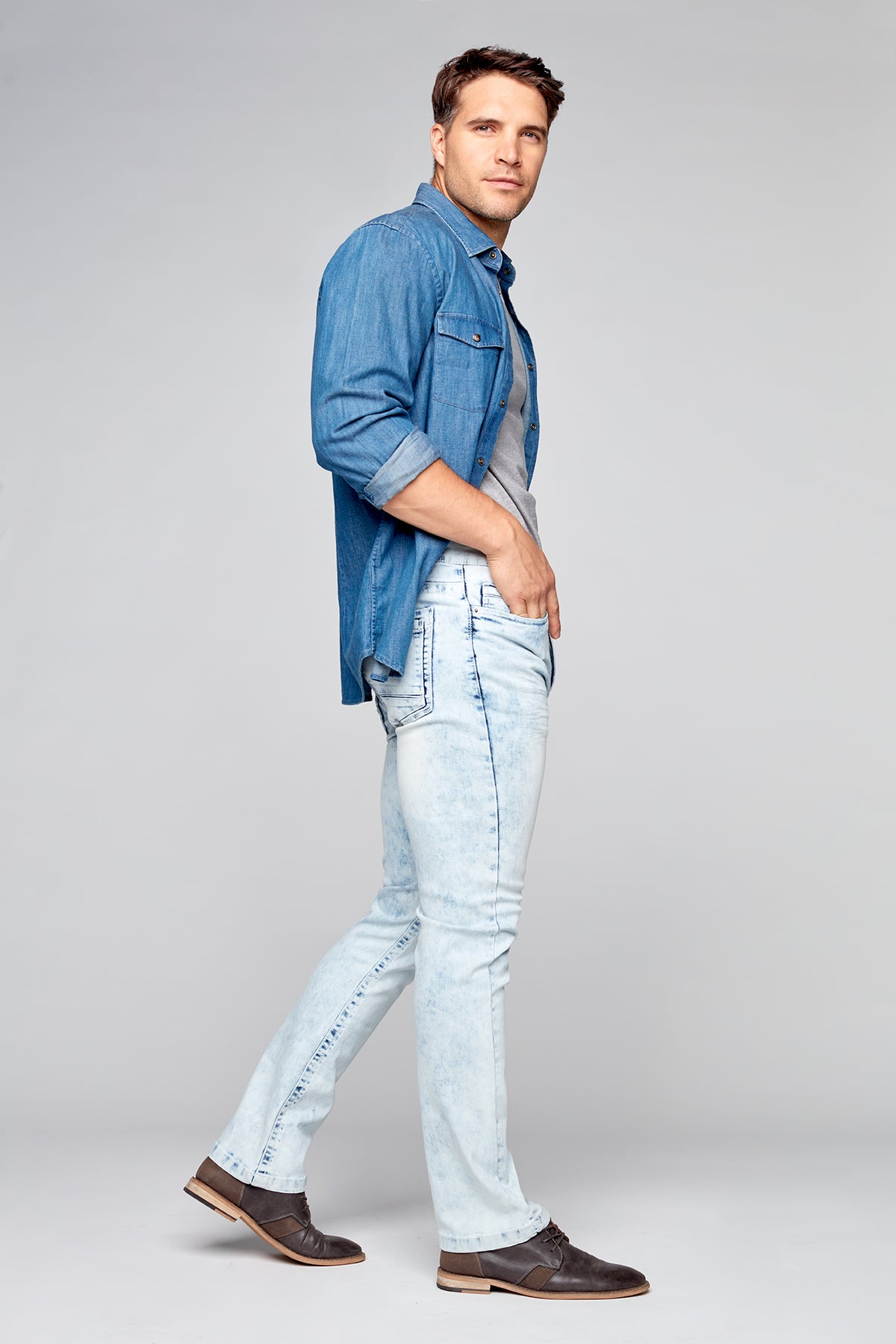 5 Pocket Bootcut Jeans - Light Indigo Acid Wash - DENIM SOCIETY™