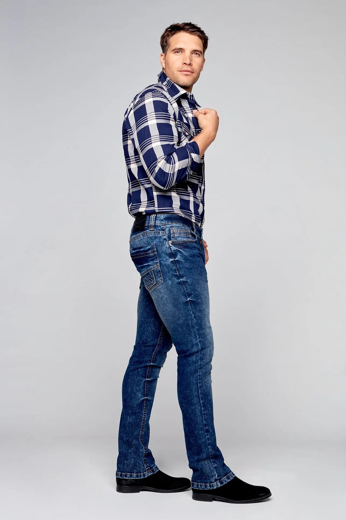 5 Pocket Bootcut Jeans - Dark Blue Acid Wash - DENIM SOCIETY