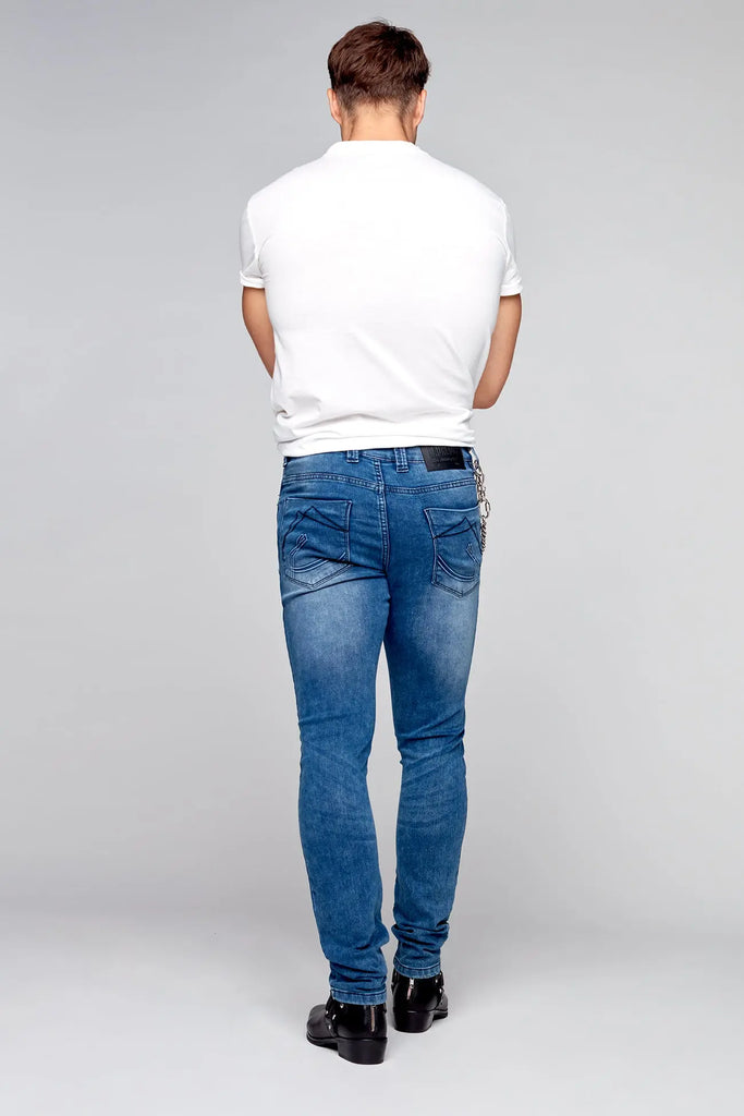 5 Pocket Straight Fit Jeans - Medium Blue Acid Wash - DENIM SOCIETY™