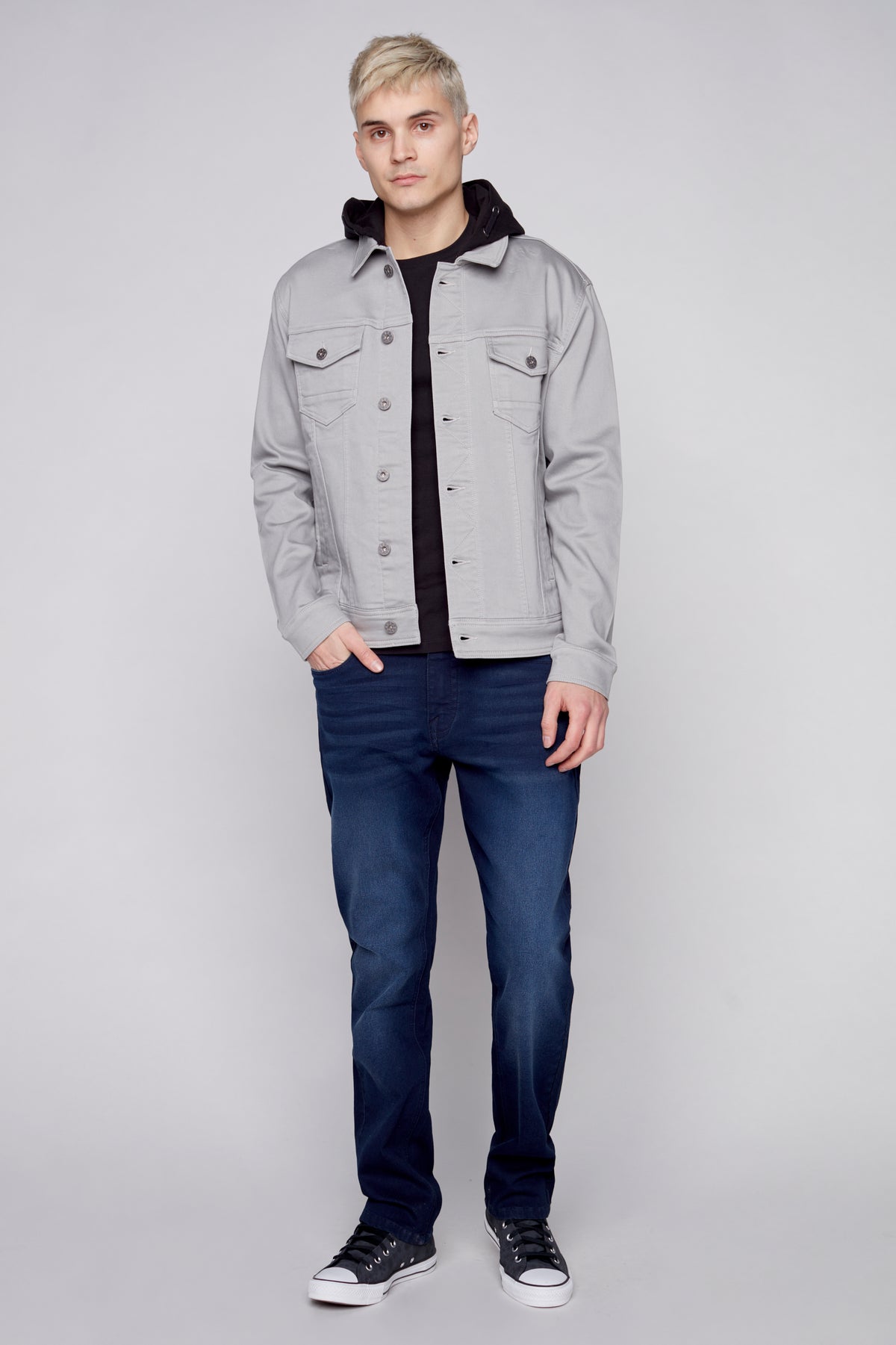 Men's Denim Jacket With Built-In Hood - Light Grey