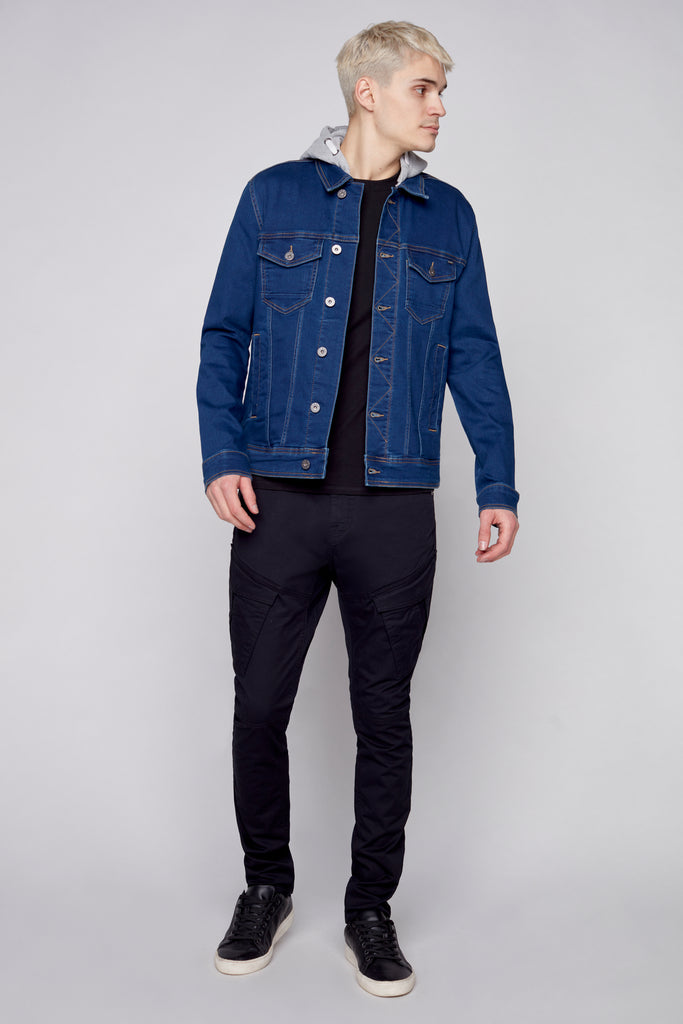 Men's Denim Jacket With Built-In Hood - Medium Dark Blue Bauhaus™