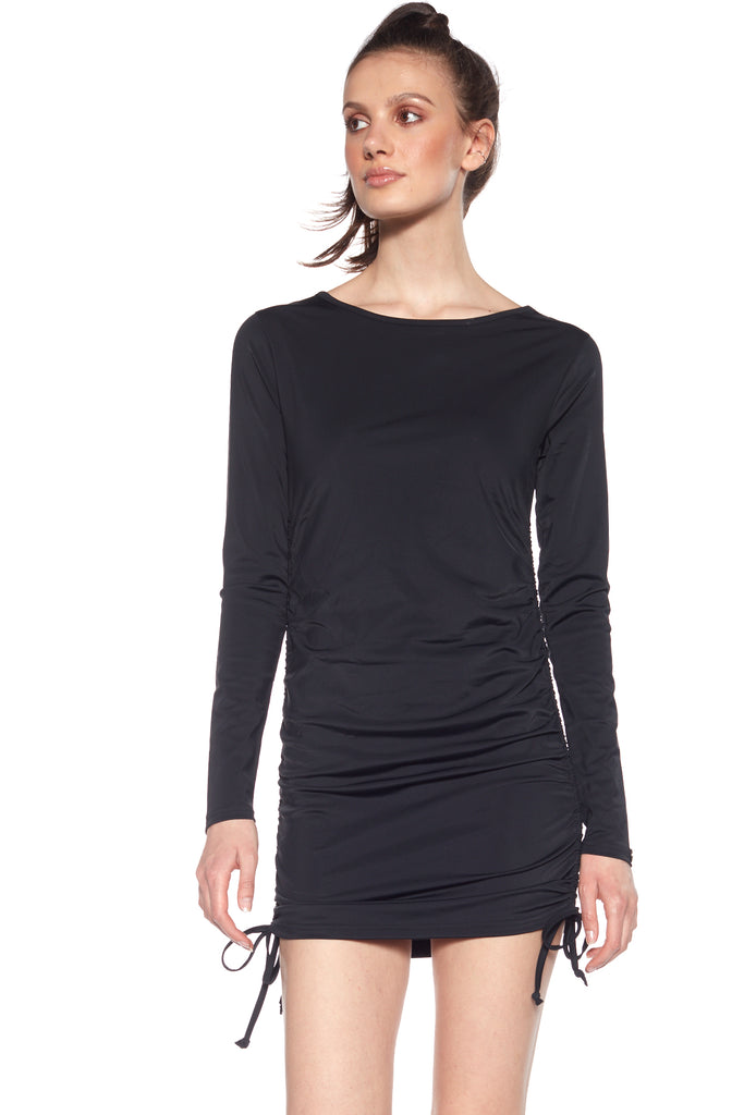 Long-Sleeved Cable-Shirred Dress - Black - DENIM SOCIETY™