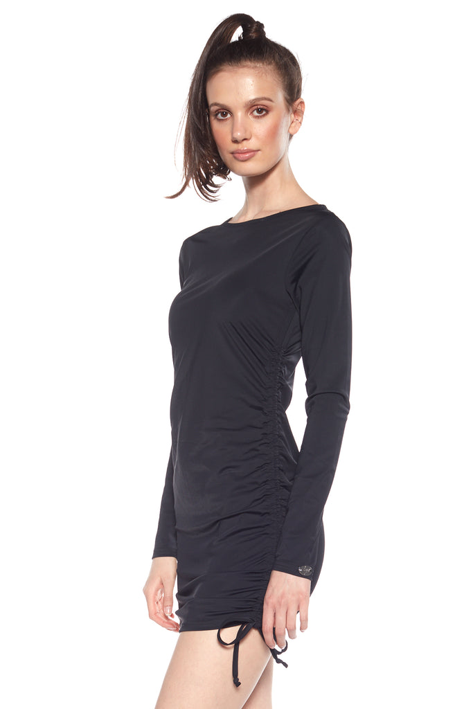 Long-Sleeved Cable-Shirred Dress - Black - DENIM SOCIETY™