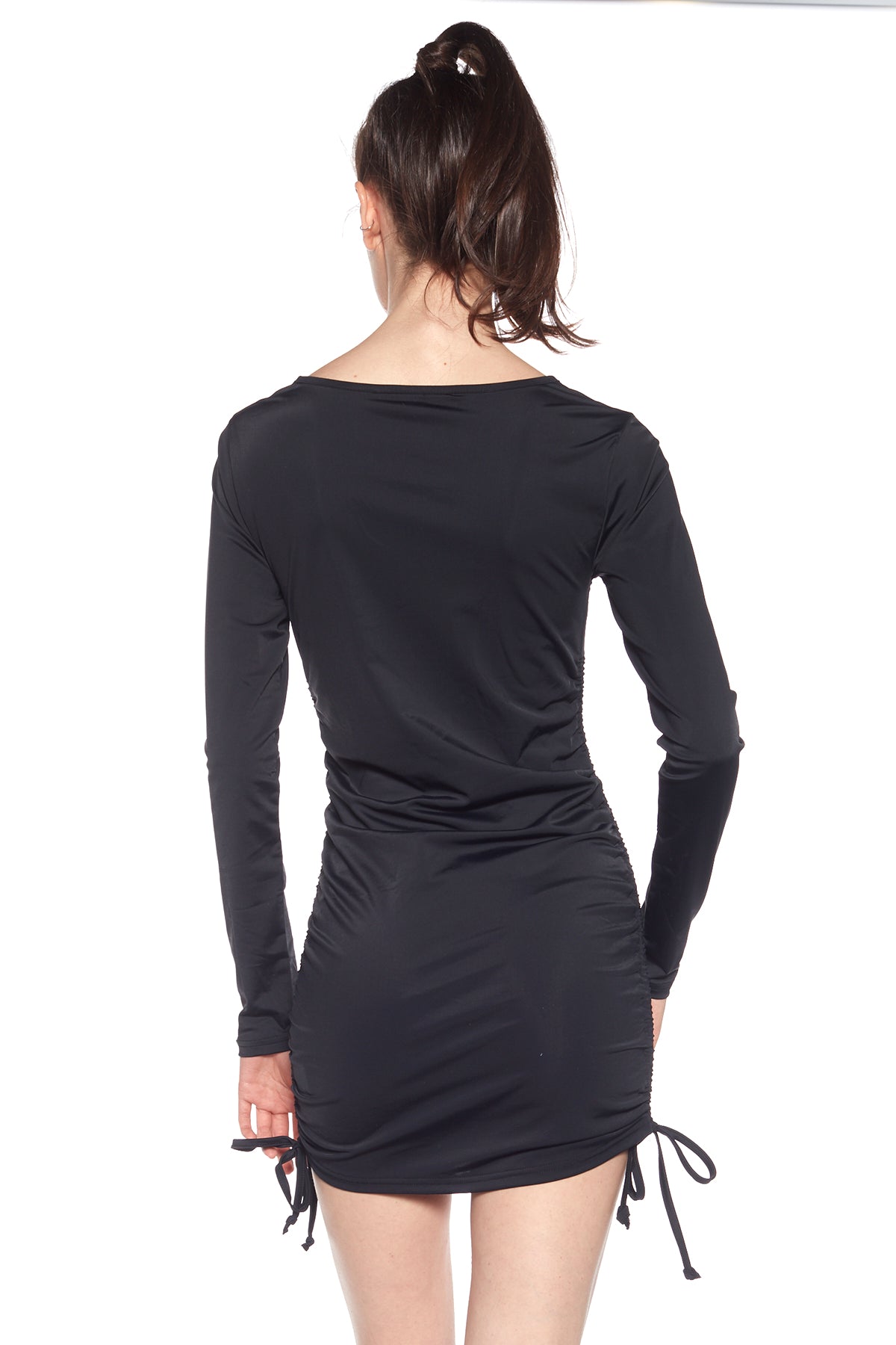 Long-Sleeved Cable-Shirred Dress - Black - DENIM SOCIETY™