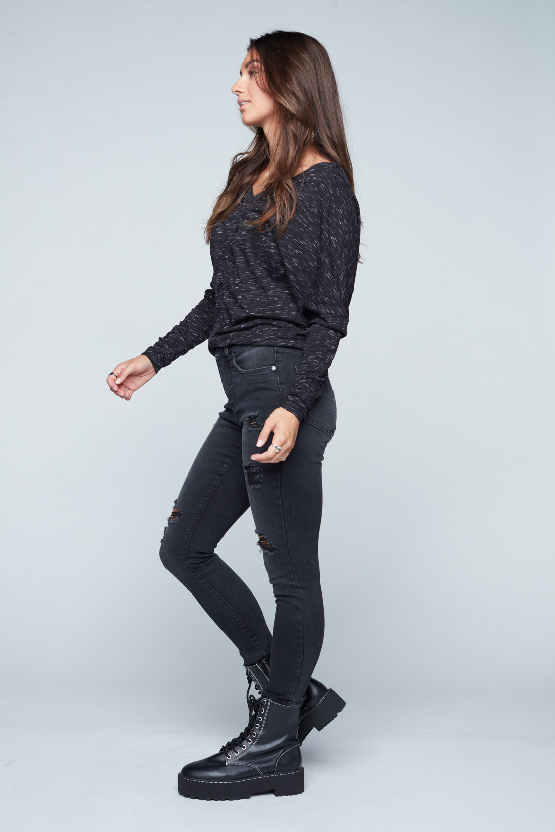 Ruched V-Neck Dolman Top - Black Mix Foxy Jeans™