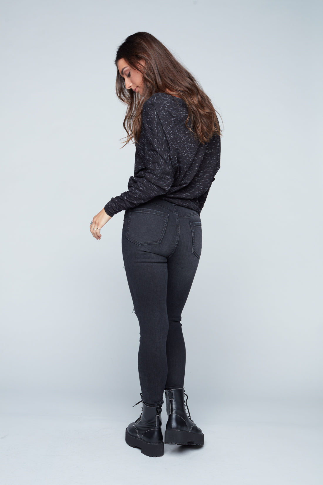 Ruched V-Neck Dolman Top - Black Mix Foxy Jeans™