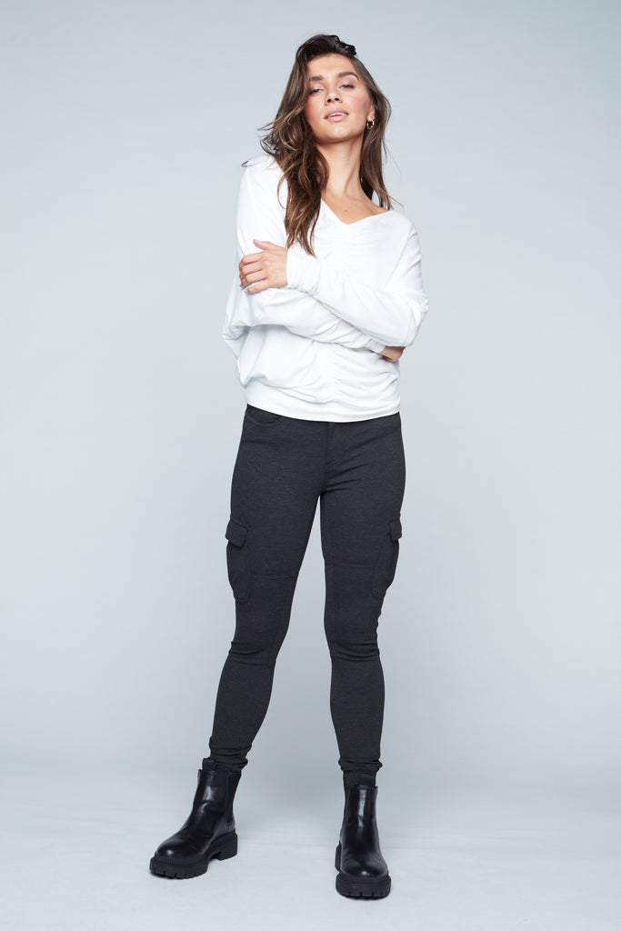 Ruched V-Neck Dolman Top - White Foxy Jeans™
