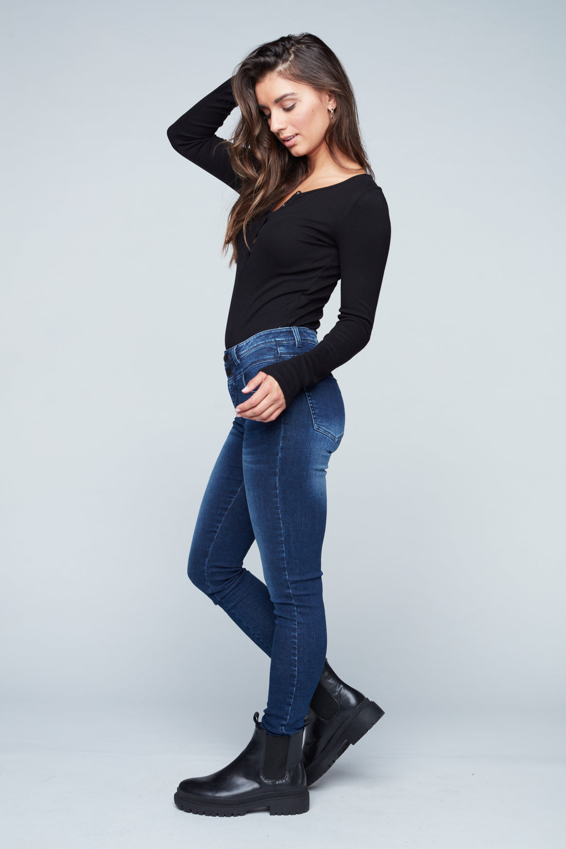 SIENNA - Double Stacked Regular Rise Skinny - Dark Blue Wash