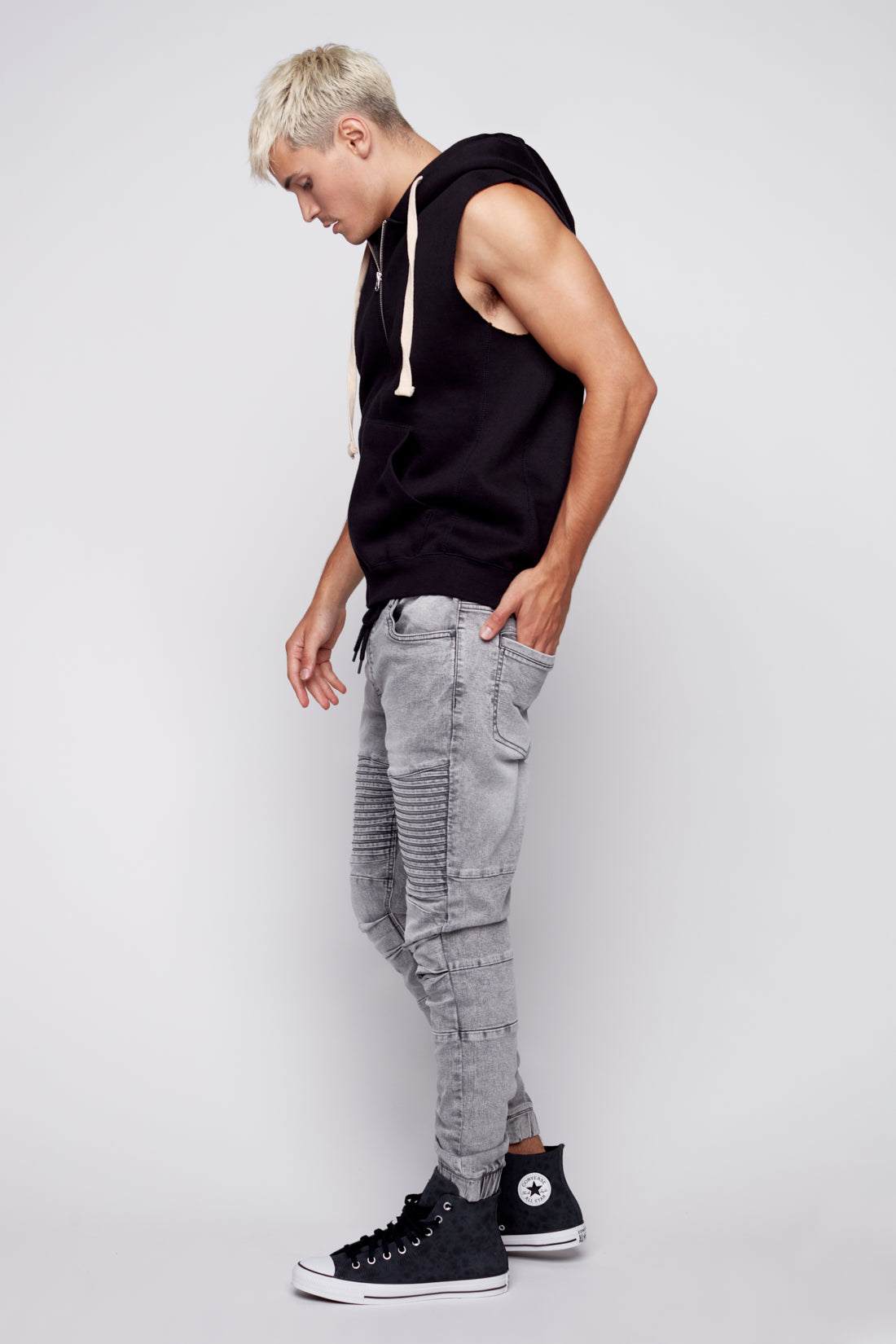 JACKSON - 5 Pocket  Moto Pintuck Jogger - Dark Grey Acid Wash - DENIM SOCIETY™