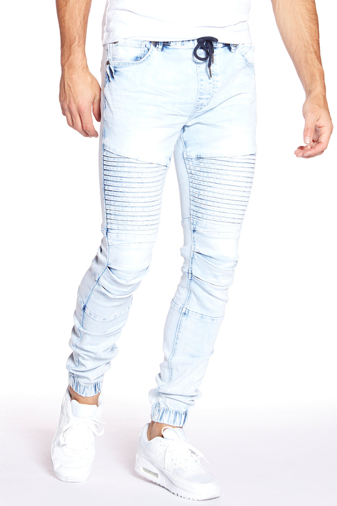 JACKSON - 5 Pocket Moto Pintuck Jogger - Light Indigo Acid Wash - DENIM SOCIETY™