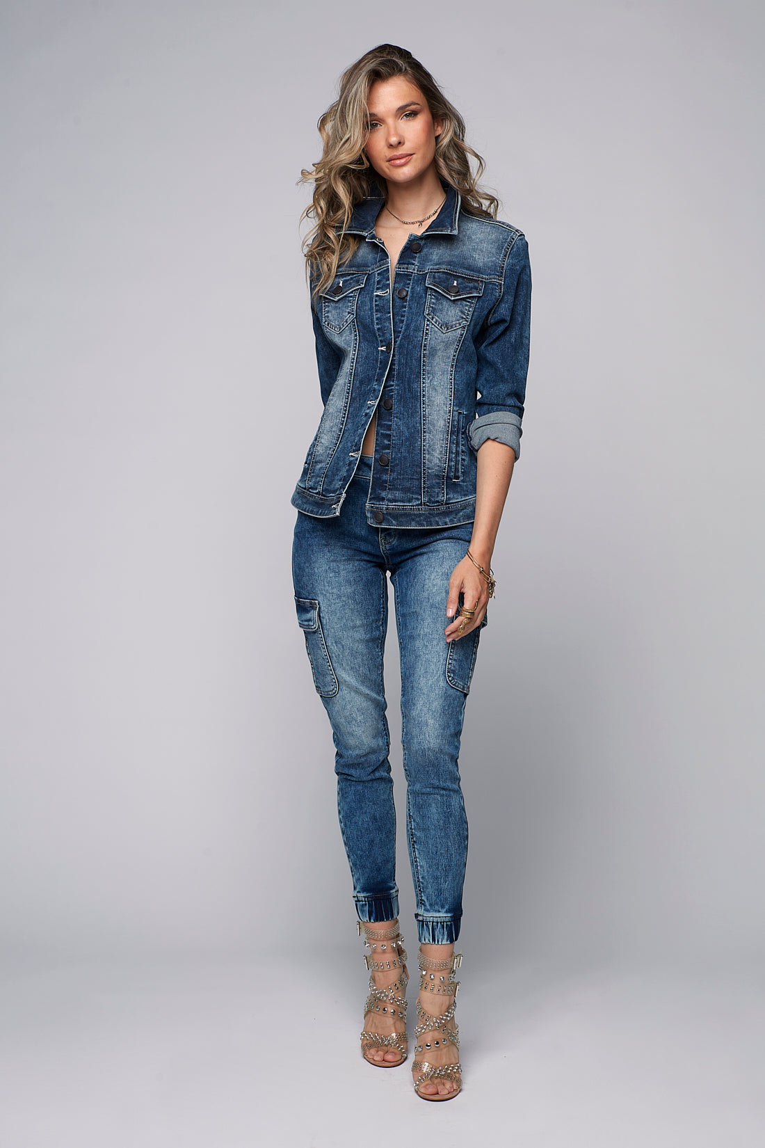 TARA - Ladies Cargo Jogger - Medium Blue Acid Wash - DENIM SOCIETY™