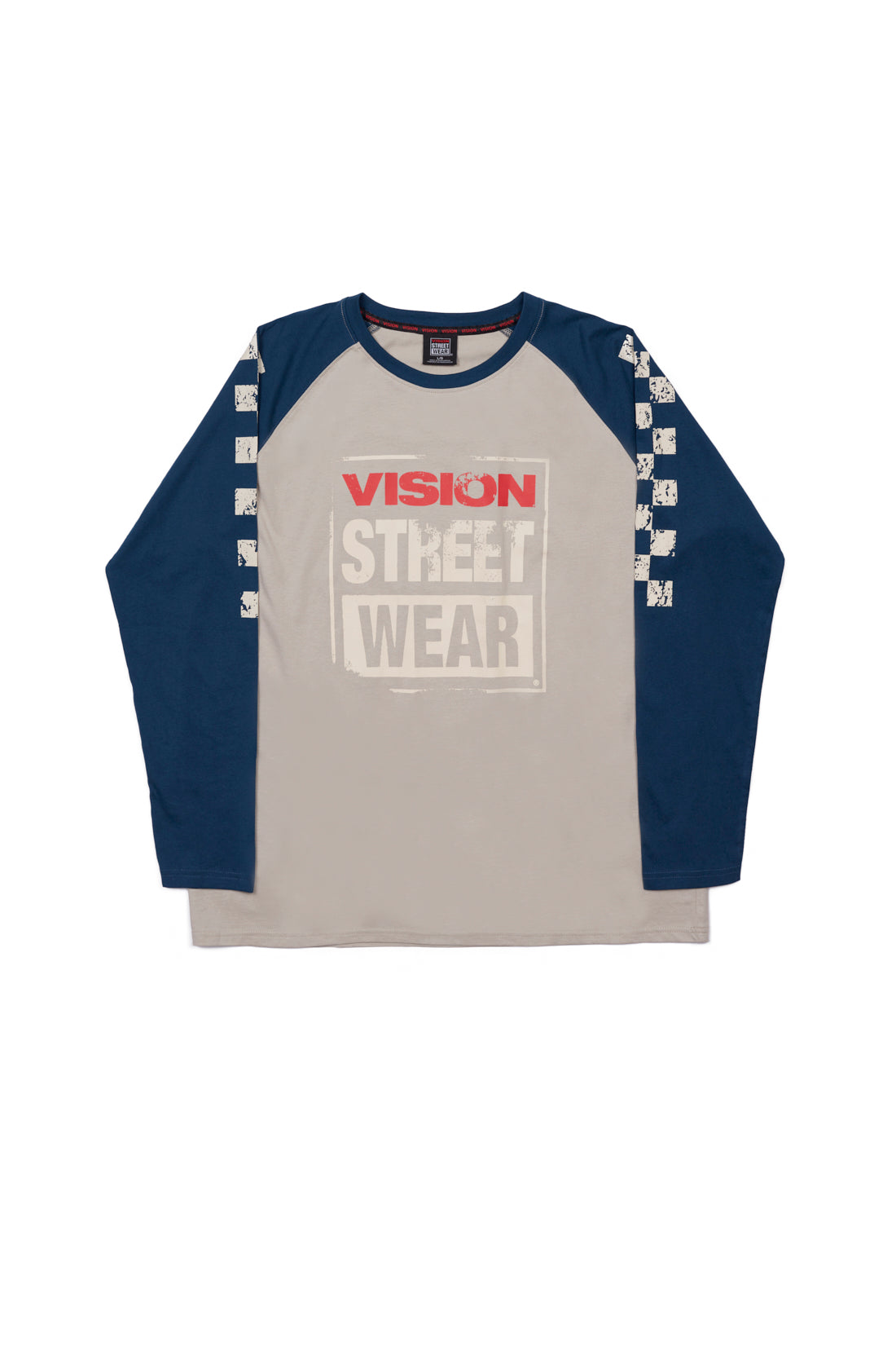 Checker Print Sleeve Logo Tee - Mushroom/Navy - DENIM SOCIETY™