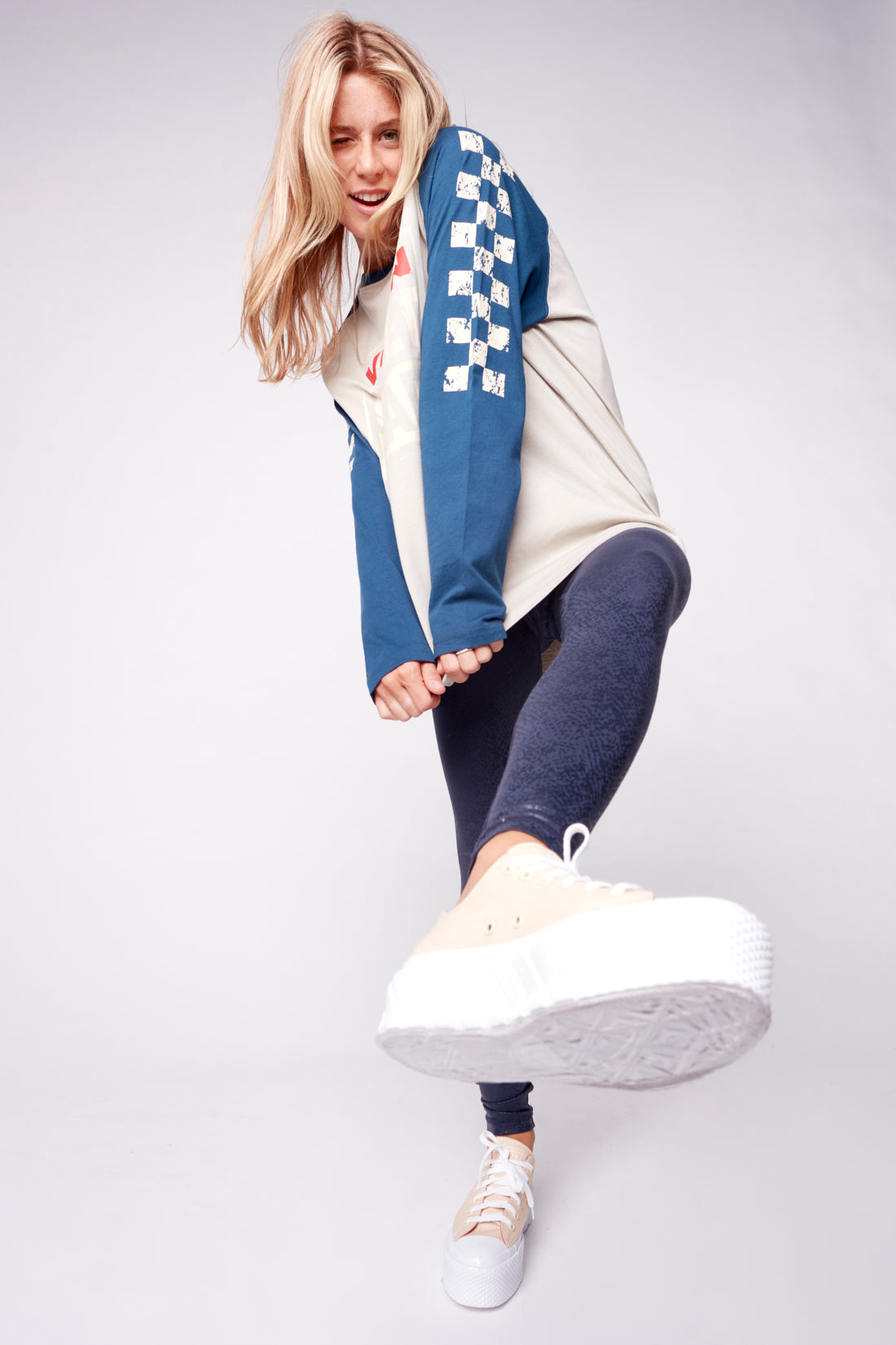 Checker Print Sleeve Logo Tee - Mushroom/Navy - DENIM SOCIETY™