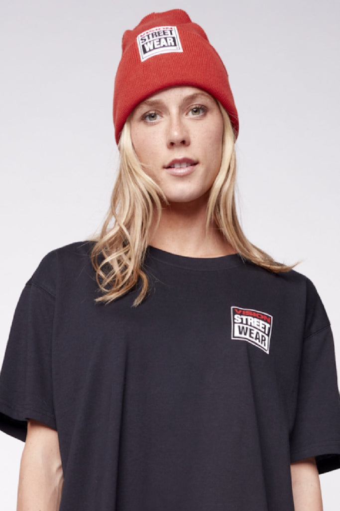 Cuffed Beanie With Large Logo Patch - Red - DENIM SOCIETY™